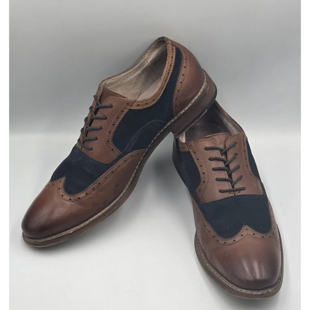 Stacy Adams Wingtip Oxford Shoes Mens 10.5M Navy Tan Leather Suede Brogue